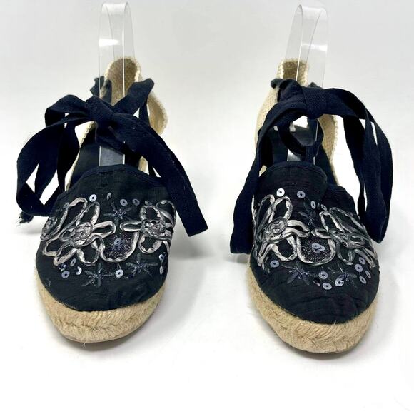 ERIC MICHAEL Black Lace Up Sequin Embroidered Espadrilles Wedges - Picture 4 of 9
